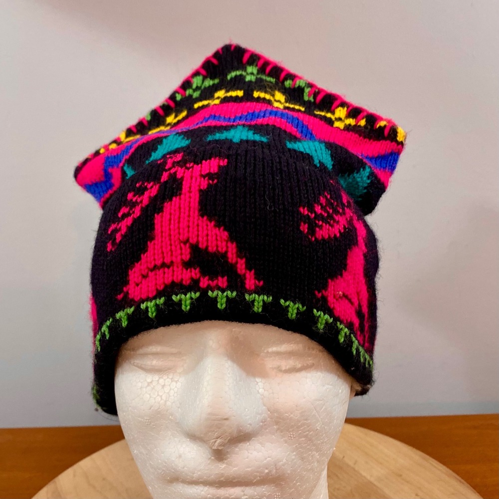 VTG Lises Lids Wool Ski Hat Hat Neon Pink Moose Fair Isle Handcrafted Colorado